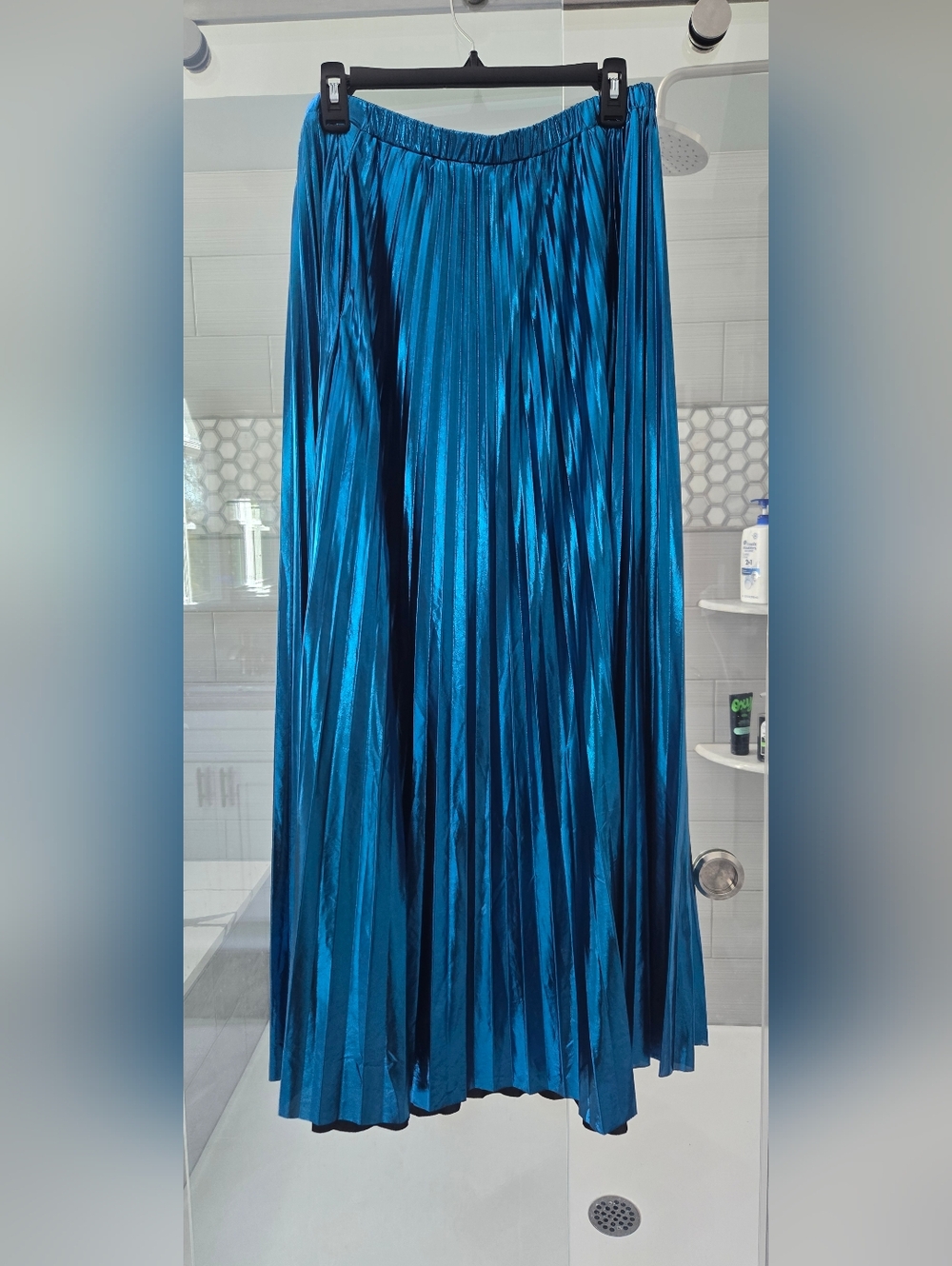 Dressed in LALA Metallic Teal Blue Pleated Maxi Skirt Worn 1x - Picture 2 of 3